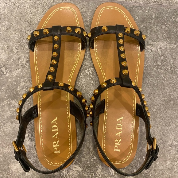 Prada black leather gold studs flats sandals - Picture 2 of 9